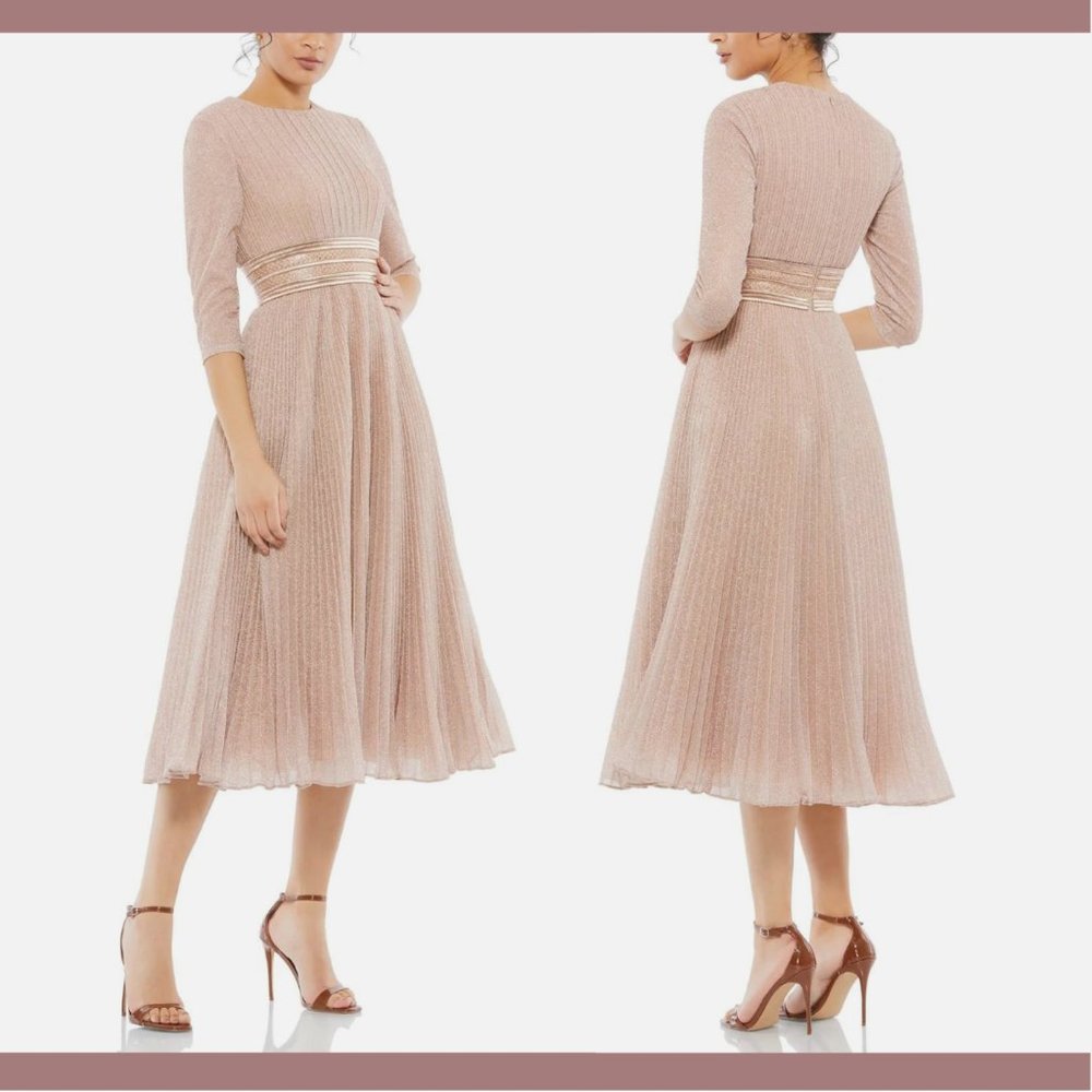 NWD $498 Mac Duggal [ 2 ] Shimmering 3/4 Sleeve A-line Midi‎ Dress Rose Gold